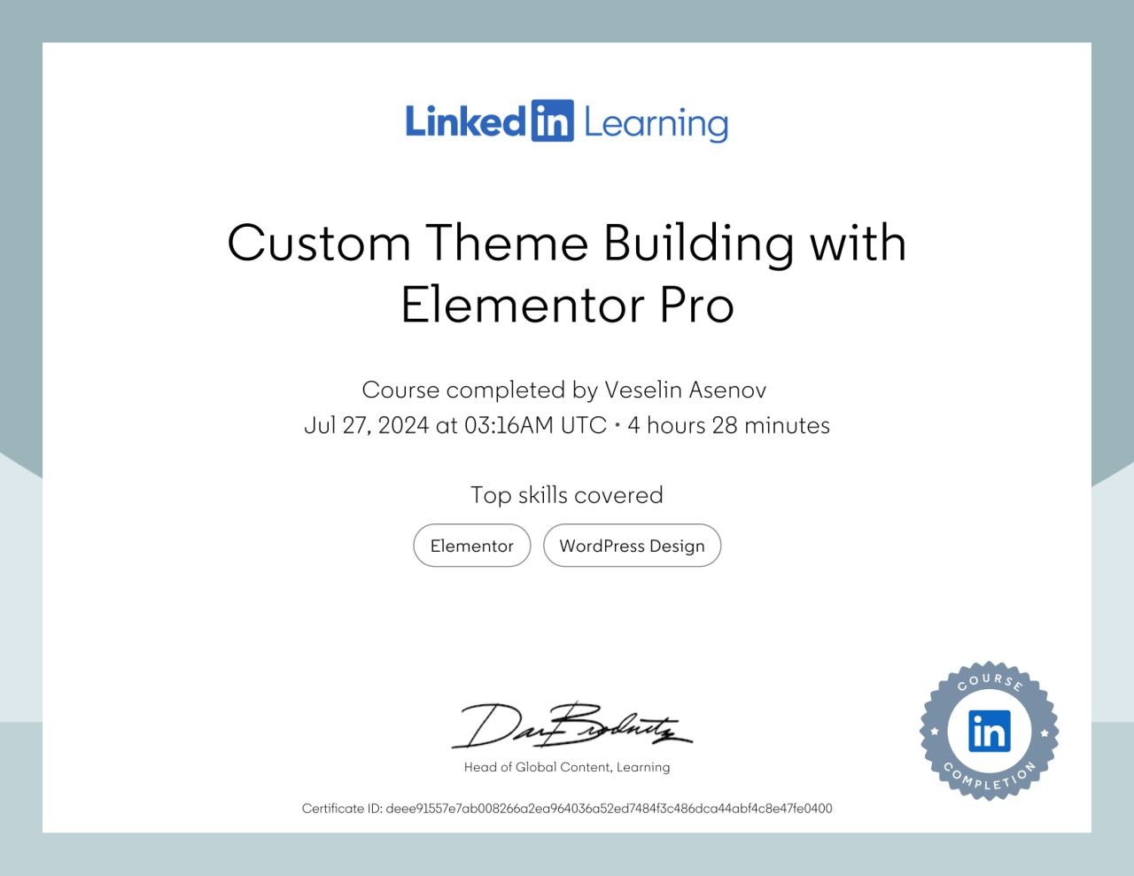 LinkedIn Learning Elementor Pro Certificate